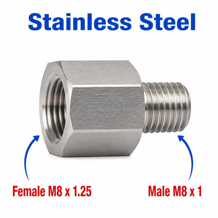Stainless steel M8x1.25 female to M8x1 male sensor adaptor fitting, APS conversion fitting, MC Motoparts brand.