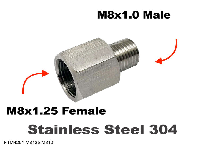 Stainless MC Motoparts M8x1.25 female to M8x1.0 male sensor adaptor fitting for conversion, shown from side view.