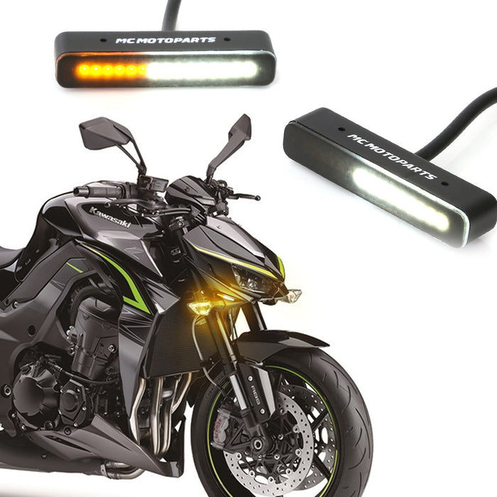 Mini LED front running turn signal lights by MC Motoparts, featuring bright white and yellow LED signals for motorcycle visibility.