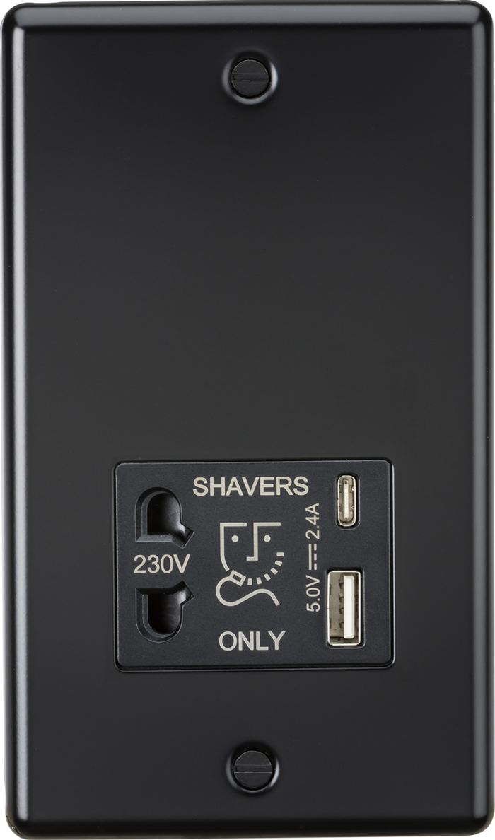 MLA Knightsbridge CL8909MB 230V Shaver Socket with Dual USB A+C [5V DC 2.4A shared] - Matt Black