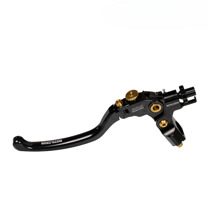 Moto-Tron lightweight racing folding clutch lever for Aprilia RS660 and Tuono 660 motorcycles, black, durable metal construction.