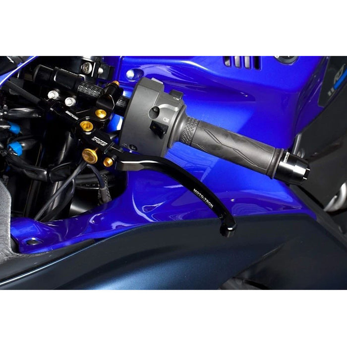 Moto-Tron lightweight racing folding clutch lever installed on an Aprilia RS660 Tuono 660 motorcycle, showing sleek design and craftsmanship.