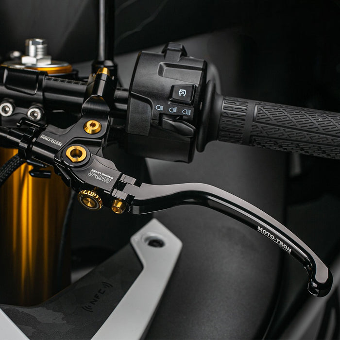 Moto-Tron lightweight racing folding clutch lever installed on Aprilia Tuono V4 1100RR Factory motorcycle.