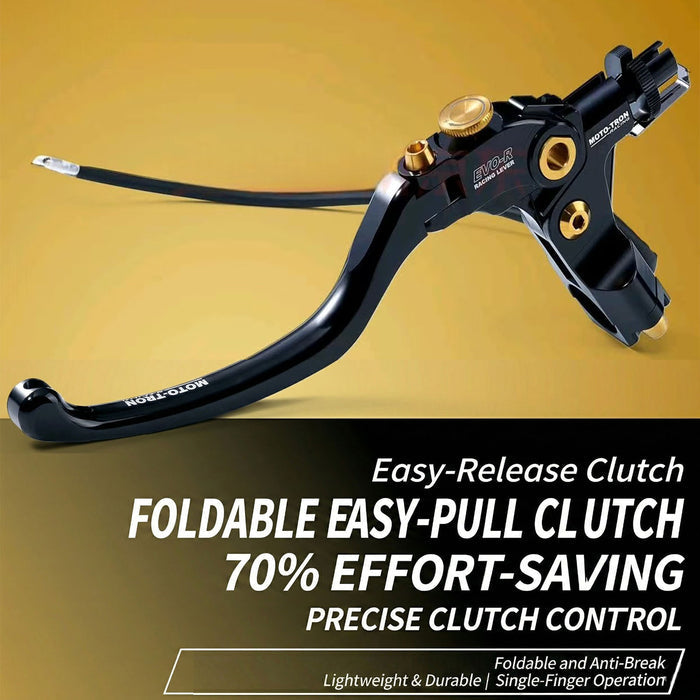 Moto-Tron lightweight racing folding clutch lever for Aprilia Tuono V4 1100RR Factory motorcycle, shown with detailed metal finish.