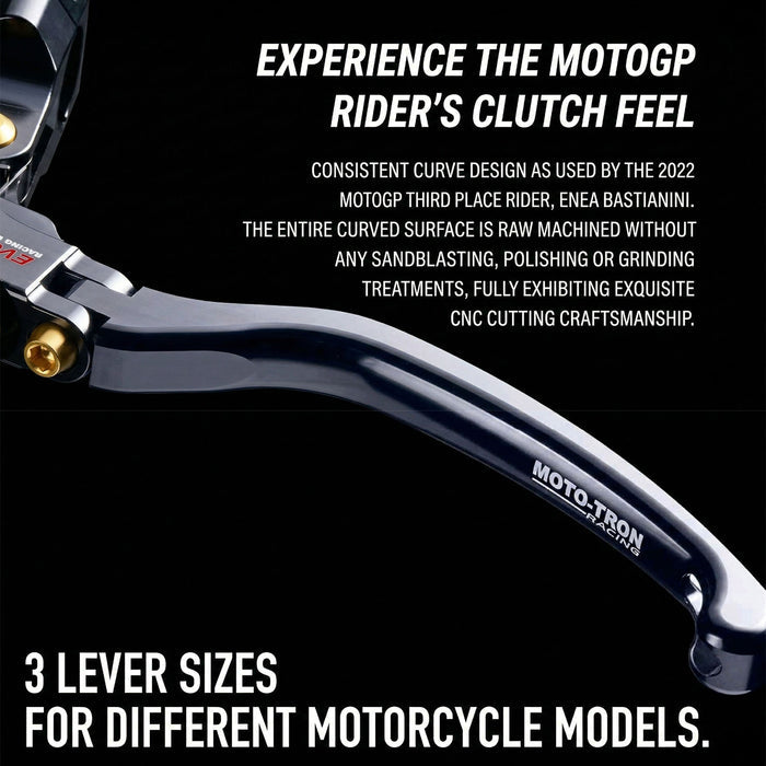 Moto-Tron lightweight racing folding clutch lever for Aprilia Tuono V4 1100RR Factory motorcycle, detailed view of the lever.