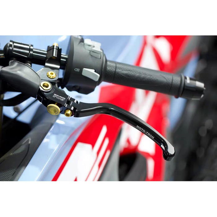 Moto-Tron lightweight racing clutch lever installed on Buell XB12R, XB9, or XT motorcycle, showing a close-up of the clutch lever.