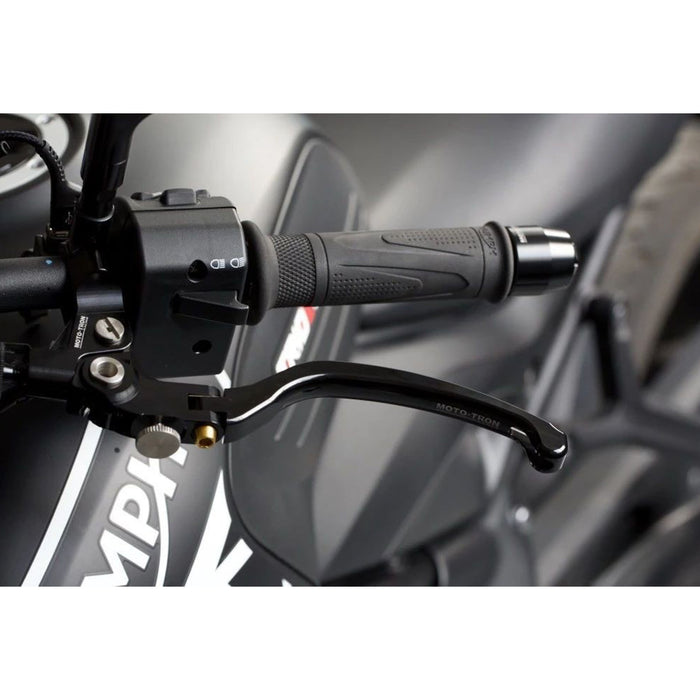 Moto-Tron lightweight racing folding clutch lever installed on Suzuki GSXR SV650 and GSXS1000 motorcycle, showcasing durable metal construction.