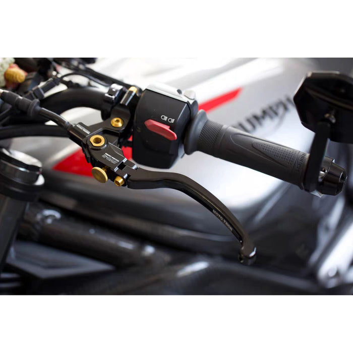 Moto-Tron lightweight racing clutch lever installed on Triumph Street Triple, Daytona, Tiger, Thruxton motorcycle.
