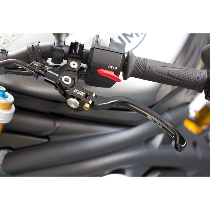 Moto-Tron lightweight racing folding clutch lever installed on Yamaha YZF R9, R1, R1M, FZ1, and MT10 motorcycles.