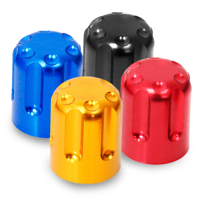 MC Motoparts motorcycle tire valve stem caps shown in black with a sleek design, protecting valve valves from dirt and dust.
