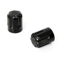 Black motorcycle tire valve stem caps by MC Motoparts, close-up showing durable metal design and threading.