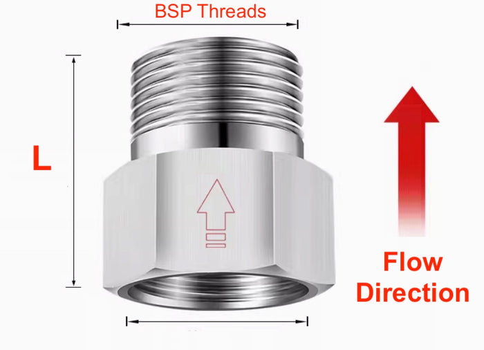Stainless steel one way valve adaptor fitting with 1-inch female to male BSP connections, ideal for fluid or air systems.