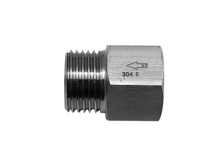 Stainless steel MC Motoparts one-way valve adaptor fitting, 1 inch BSP female to male conversion, showing the fitting's structure.