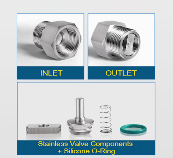 Stainless steel MC Motoparts one way valve adaptor fitting, 1 inch BSP female to male conversion for fluid systems.