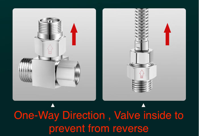 Stainless steel MC Motoparts one way valve adaptor fitting, 1-inch BSP female to male conversion for fluid systems.