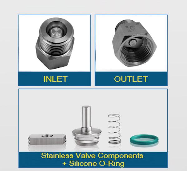 Stainless steel MC Motoparts one way valve adaptor fitting with 1 inch BSP male to female connection, showing the metal threaded ends.