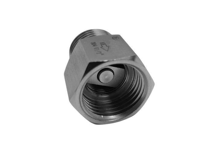 Stainless steel MC Motoparts one way valve adaptor fitting, 1 inch BSP male to female conversion, used for fluid or air flow control