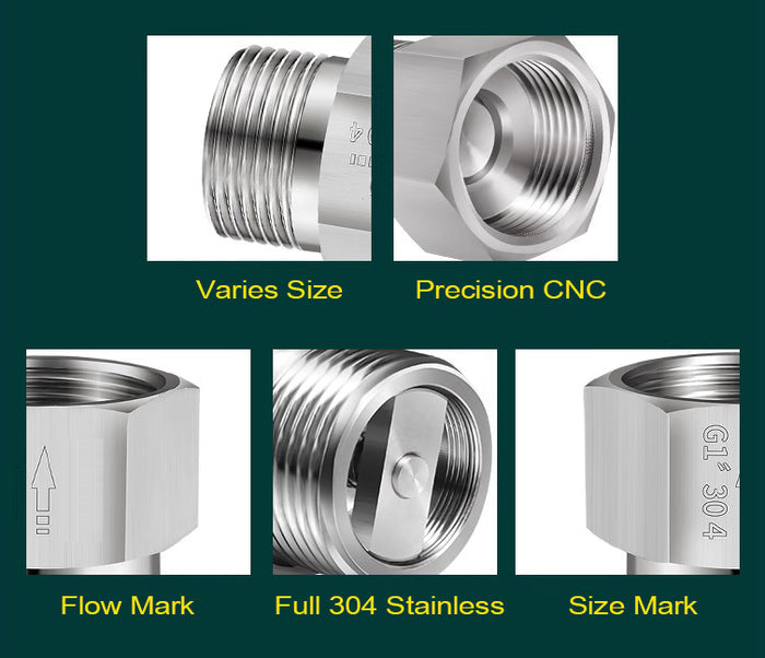 Stainless steel one way valve adaptor fitting with BSP 1 inch male to female connection, used for fluid or air systems.