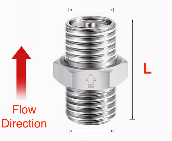 Stainless steel BSP 1/2 inch male to male one-way valve adaptor fitting for fluid or air systems.