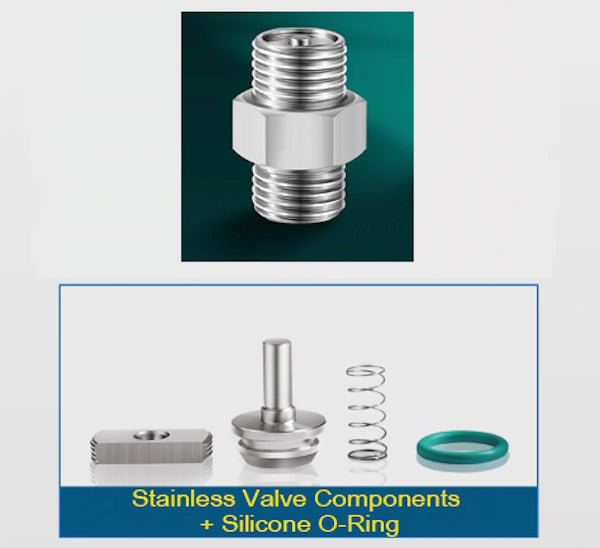 Stainless steel One Way Valve BSP 1/2 inch male-to-male adaptor fitting by MC Motoparts, shown with threaded ends and valve mechanism.