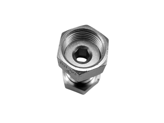 Brass one way valve adaptor fitting with BSP 3/4 inch female to female connectors for fluid system conversion.