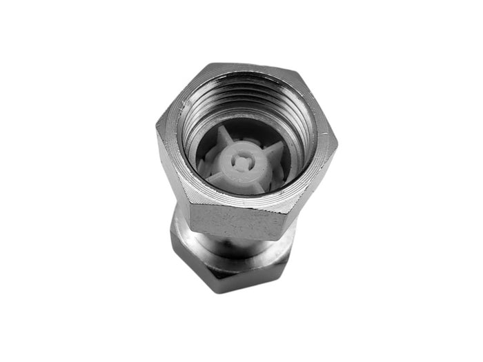 Brass one way valve BSP 3/4 inch female to female adaptor fitting for fluid systems, by MC Motoparts, showing detailed metal construction.