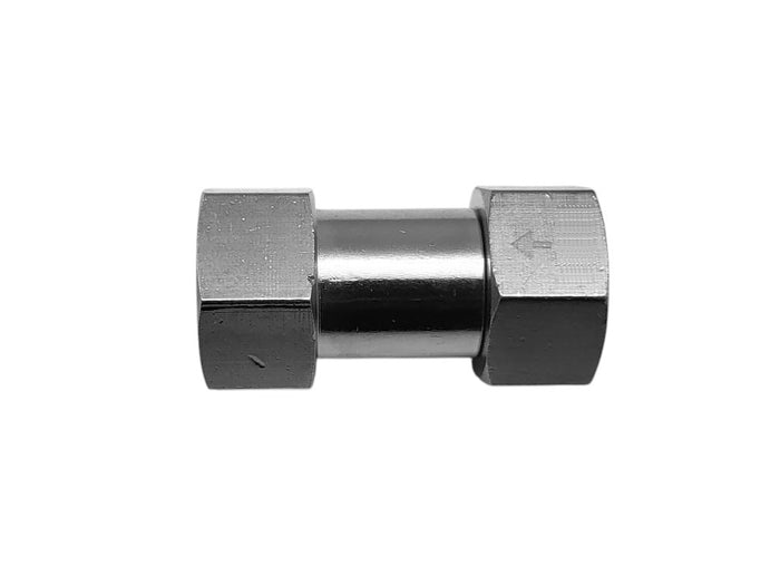 Brass one way valve adaptor fitting with 3/4 inch BSP female connectors, designed for conversion in fluid or air systems.