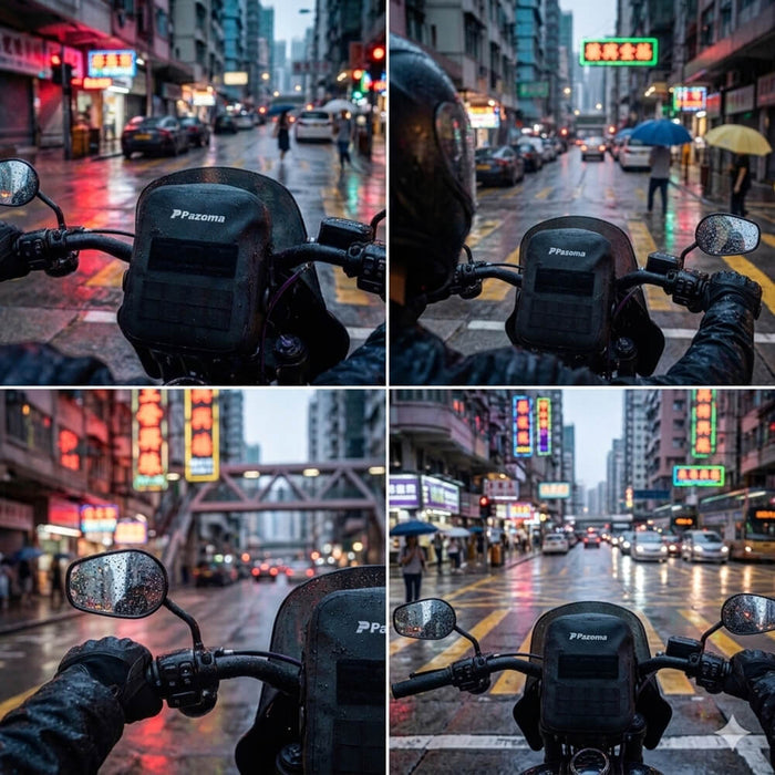 Pazoma waterproof motorcycle handlebar bag with tactical design, fits Harley Softail, Dyna, and Sportster models, mounted on handlebars.