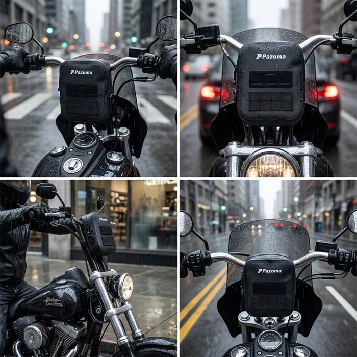 Pazoma waterproof motorcycle handlebar bag with tactical design for Harley Softail, Dyna, and Sportster bikes.