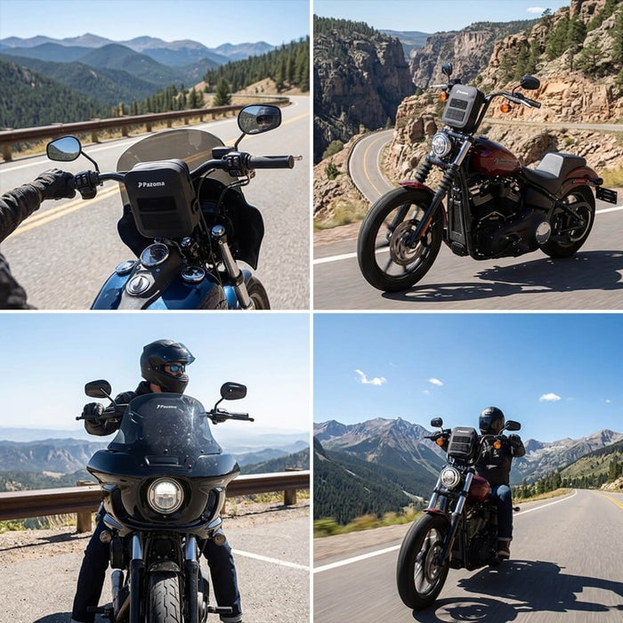 Pazoma waterproof motorcycle handlebar bag with tactical design, fits Harley Softail, Dyna, and Sportster models.
