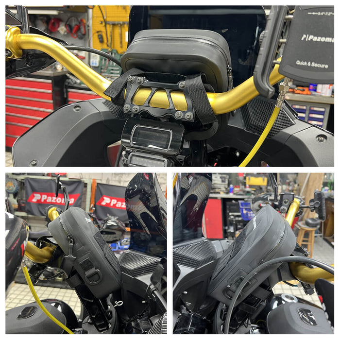 Pazoma waterproof motorcycle handlebar bag with tactical design, fits Harley Softail, Dyna, and Sportster bikes for secure storage.
