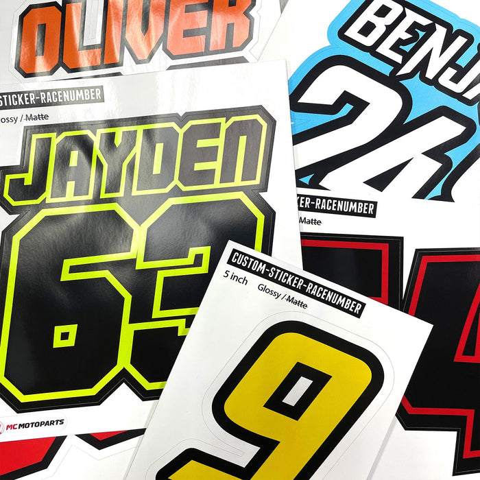 Personalized MX dirt bike racing number stickers set of 3 from StickerBao, featuring custom N31 design on black background.