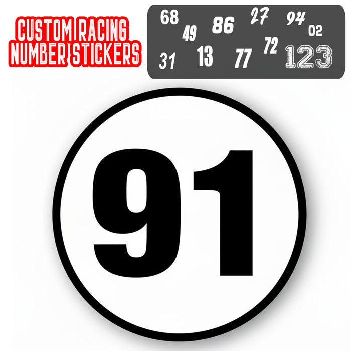 Two personalized race car sticker decals with bold outline, featuring circle number designs by StickerBao.