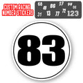 Two personalized race car sticker decals with circle number design and thin outline, ideal for car customization by StickerBao.