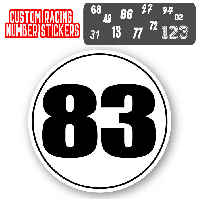 Two personalized race car sticker decals with circle number design and thin outline, ideal for car customization by StickerBao.