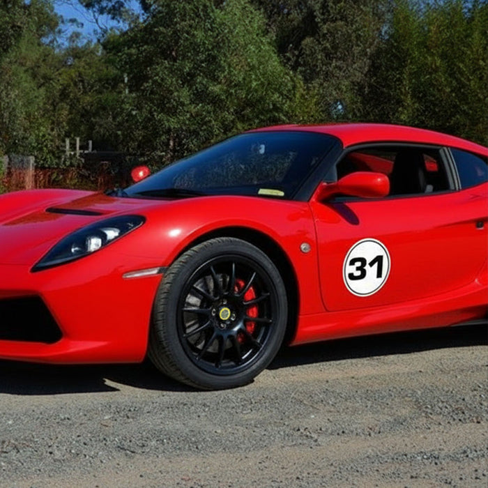 Two personalized race car sticker decals with circle number design and thin outline, suitable for customizing race cars.