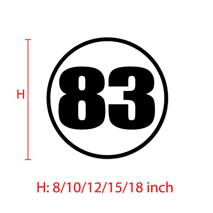 Two personalized race car sticker decals with bold outlined circle numbers from StickerBao, designed for custom car decoration.