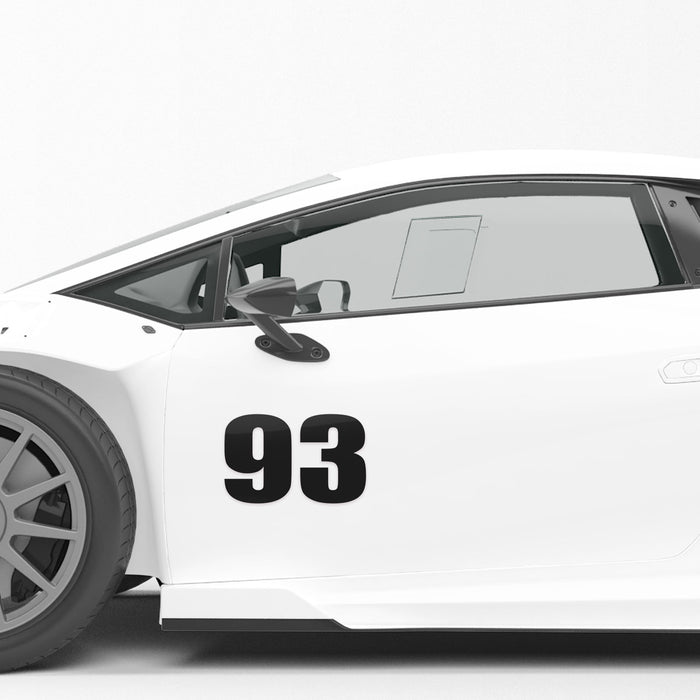 Two personalized race car sticker decals with cut-out numbers from StickerBao, featuring a sleek, impact design for car customization.