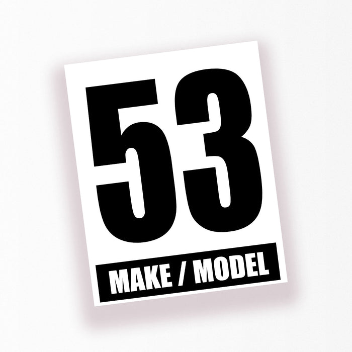 Two personalized race car sticker decals featuring racing numbers and vehicle make and model from StickerBao, designed for custom car decoration.