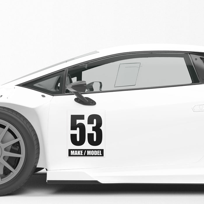 Custom race car sticker decals with racing numbers and make & model for personalized racing vehicles by StickerBao.