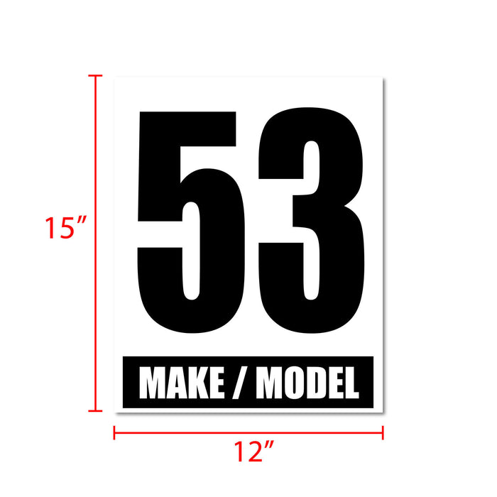 Personalized Race Car Sticker Decals with racing numbers and make model, two-piece set by StickerBao, displayed on a vehicle.