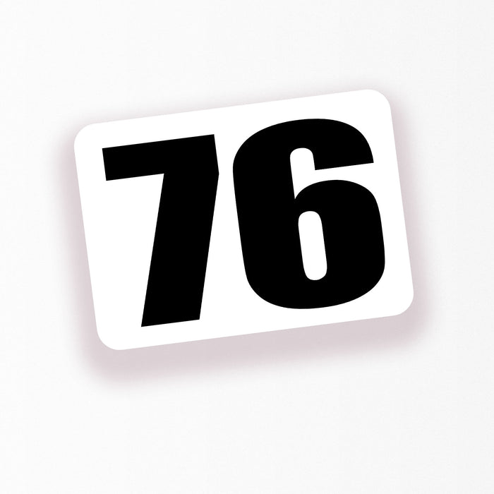 Two personalized race car sticker decals with rectangle number design from StickerBao, featuring bold black and white graphics.