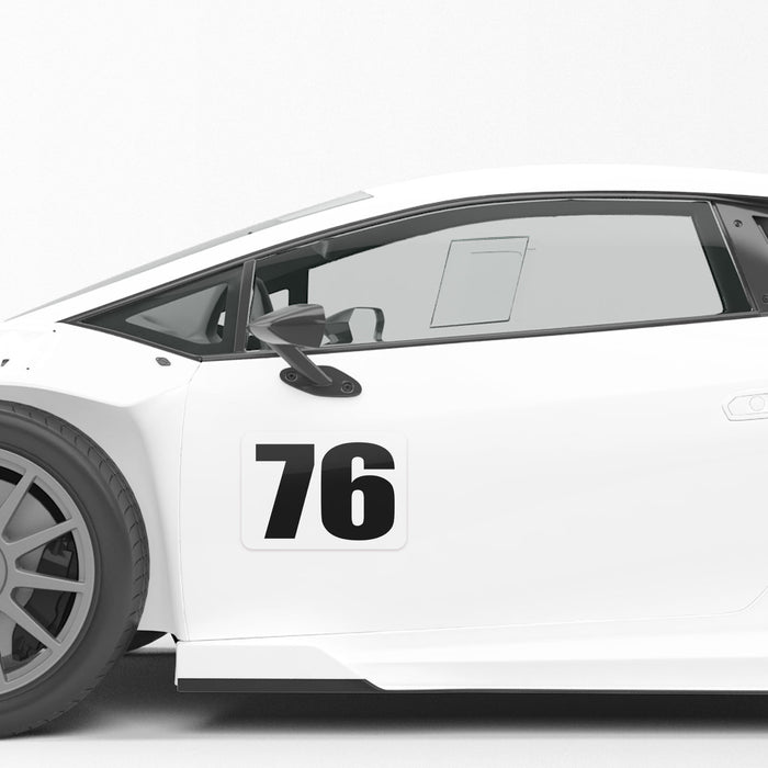 Two custom rectangle race car sticker decals with numbers from StickerBao, designed for car personalization.