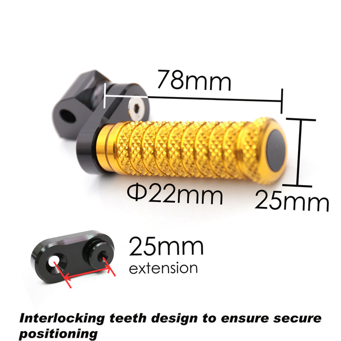 Black 25mm extension foot pegs for Aprilia RSV1000 Tuono V4R bike, featuring sturdy metal construction and detailed mounting points.