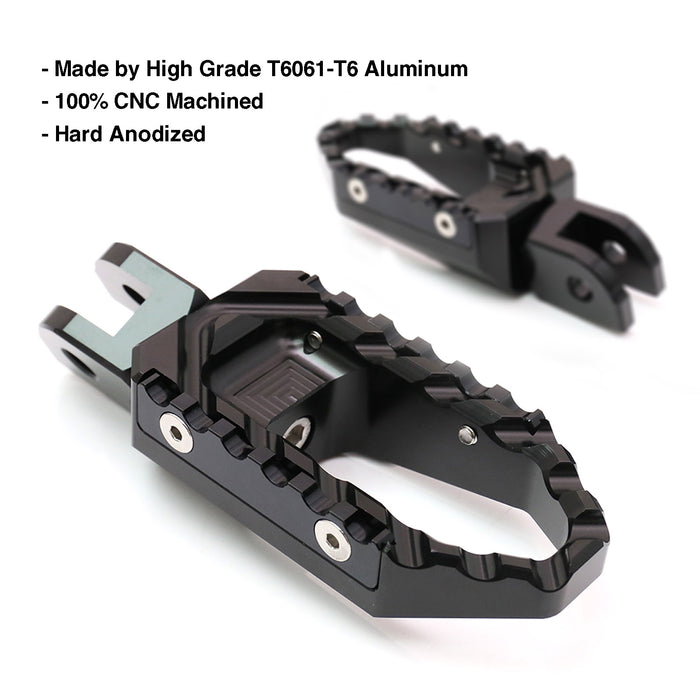 Rear MC Motoparts touring wide foot pegs for Aprilia RSV1000 Tuono V4R TRC, standard foot pegs for motorcycle rider comfort.