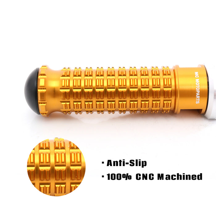 Rear MC Motoparts standard foot pegs for Aprilia Tuono 1000 RSV4 Dorsoduro 1200 and Mana 850 motorcycle, metal with gold finish.