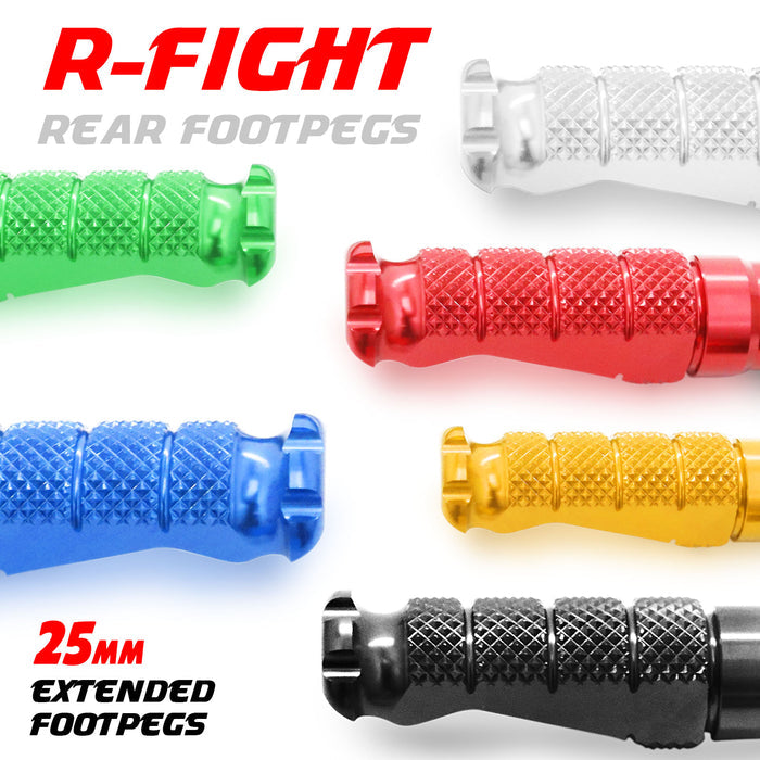 Rear 25mm extension foot pegs for Honda CBR1000RR-R, CB125R, Rebel 500 by MC Motoparts, adjustable R-FIGHT foot pegs shown.