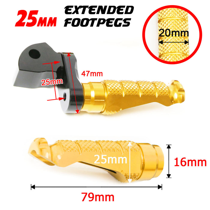 Rear 25mm extension foot pegs for Honda CBR1000RR-R, CB125R, Rebel 500 by MC Motoparts, adjustable R-FIGHT foot pegs in detail.