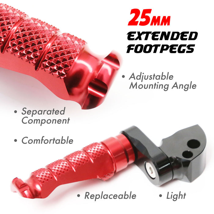 Rear 25mm adjustable extension foot pegs for Honda CBR1000RR-R, CB125R, Rebel 500 by MC Motoparts, shown with detailed focus.