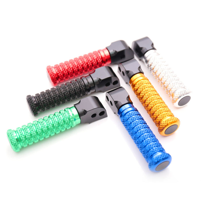 Rear standard foot pegs for Honda CBR1000RR-R, CB125R, Rebel 500 from MC Motoparts, shown on black pole mounts.